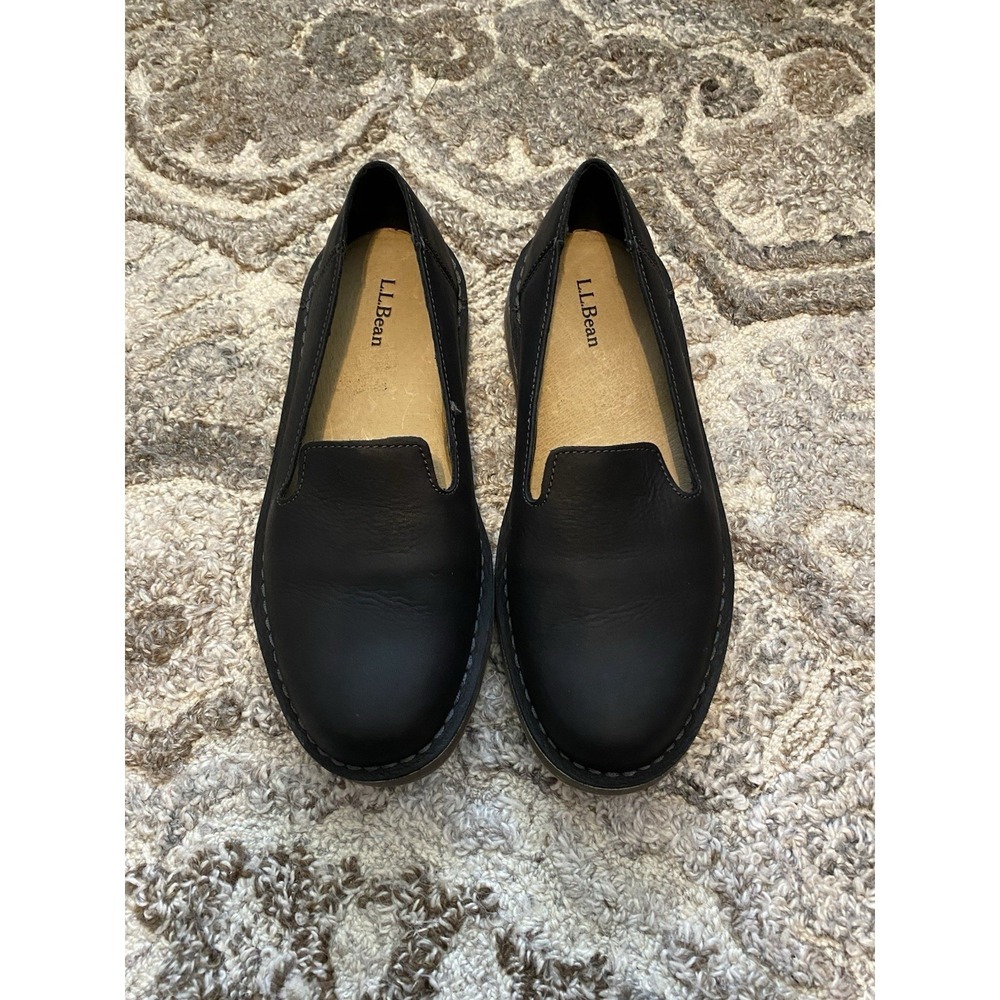 L.L. Bean Stonington Slip-On Shoes Womens 7.5 Leather Black Loafers Business